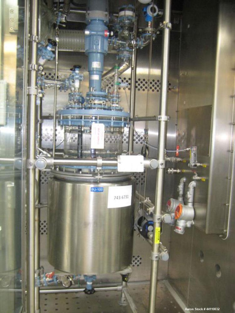 Used Buchi Glass Reactor, 100 Liter (26.4 Gallon). Internal rated +0.4/-1.0 bar at +200/-85 degrees C, jacket rated +10/-1.0 bar at +200/-85 degrees C. Bolted glass dished top and bottom. 3-blade tur...