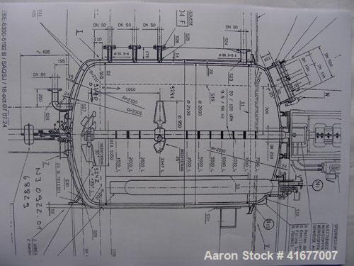 Unused-Dedietrich Glass Lined Reactor, type BE6300. Total capacity 1984 gallons (7500 liters), working capacity 1667 gallons (6300 liters). (1) 2 stage hydrofoil agitator driven by 22.5 hp/15 kW Eex ...