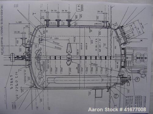 Unused-Dedietrich Glass Lined Reactor, type BE6300. Total capacity 1984 gallons (7500 liters), working capacity 1667 gallons (6300 liters). (1) 2 stage hydrofoil agitator driven by 22.5 hp/15 kW Eex ...