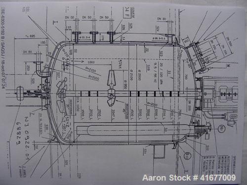 Unused-Dedietrich Glass Lined Reactor, type BE6300. Total capacity 1984 gallons (7500 liters), working capacity 1667 gallons (6300 liters). (1) 2 stage hydrofoil agitator driven by 22.5 hp/15 kW Eex ...