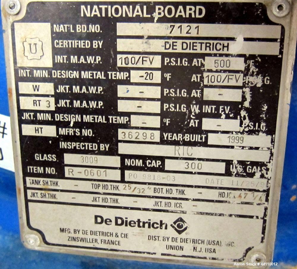 Used DeDietrich Glass Lined Reactor, 300 Gallon. Internal rated 100 psi & Full Vacuum at 500 degrees F, jacket rated 150 psi & Full Vacuum at 500 degrees F. Type 3009 Blue Glass. Bolted top, welded c...