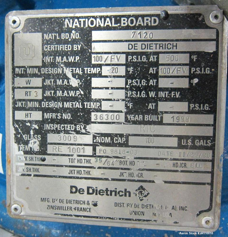 Used DeDietrich Glass Lined Reactor, 100 Gallon. Internal rated 100 psi & Full Vacuum at 500 degrees F, jacket rated 150 psi & Full Vacuum at 500 degrees F. Type 3009 Blue Glass. Bolted top, welded c...