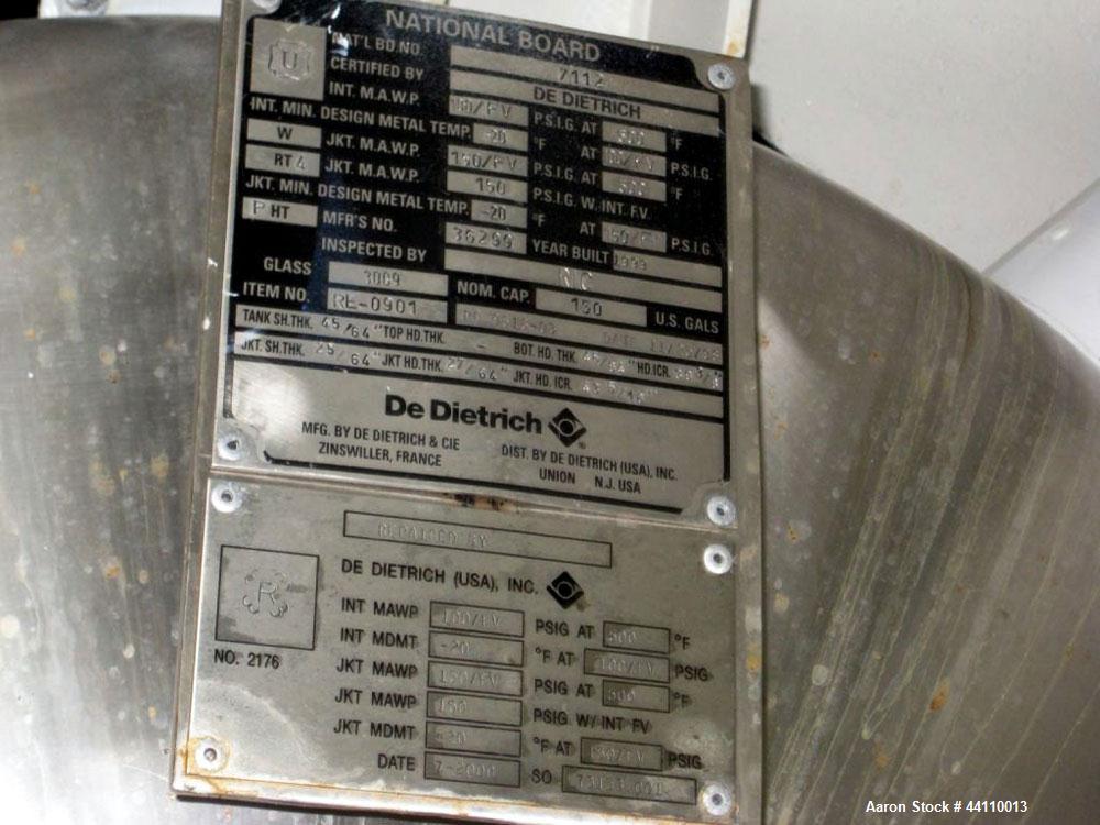 Used DeDietrich Glass Lined Reactor, 150 Gallon. Internal rated 100 psi & Full Vacuum at 500 degrees F, jacket rated 150 psi & Full Vacuum at 500 degrees F. Type 3009 Blue Glass. Bolted top. 39 3/8" ...