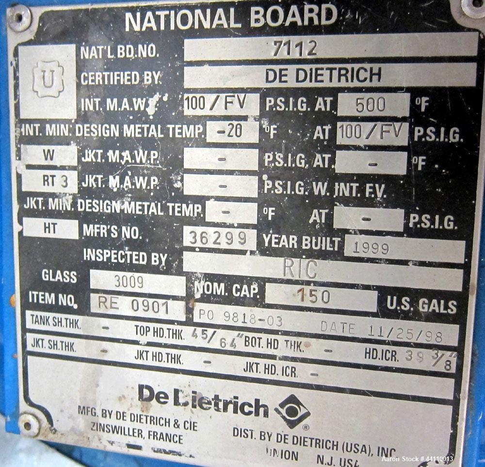 Used DeDietrich Glass Lined Reactor, 150 Gallon. Internal rated 100 psi & Full Vacuum at 500 degrees F, jacket rated 150 psi & Full Vacuum at 500 degrees F. Type 3009 Blue Glass. Bolted top. 39 3/8" ...