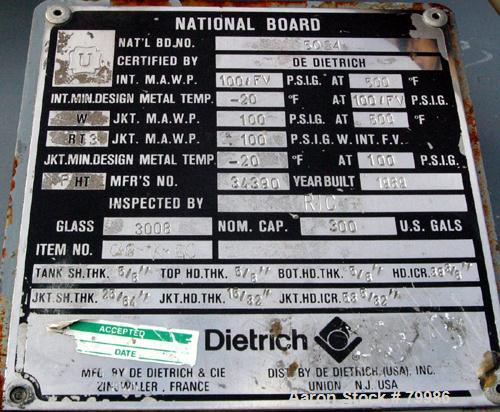 USED: Dedietrich glass lined reactor, 300 gallon, model SA-300. 48" diameter x 50" straight side. Internal rated 100 psi/FV @ 500 deg F. Jacket rated 100 psi @ 500 deg F. Type 3008 glass. NB #5024. Y...