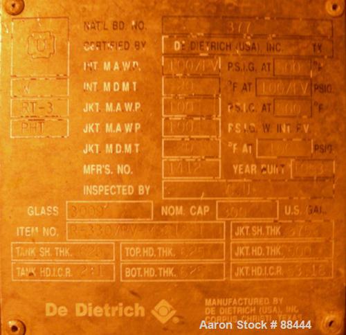USED: Dedietrich 300 gallon glass lined reactor, model SA-300. Type 3009 glass. 48" diameter. Dished heads. Internal rated 100 PSI/FV at 500 degrees F. Jacket rated 100 PSI at 500 degrees F. 3 blade ...