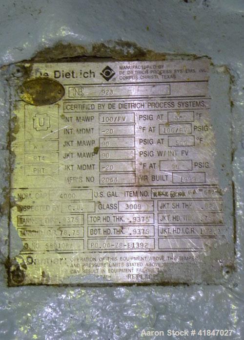 Used Dedietrich Glass Lined Reactor, 4000 Gallon, Model SA, 3009 White Glass With Calibration Lines, Vertical. Approximately 96" diameter x 108" straight side, dished top and bottom. Internal rated 1...
