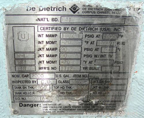 Used Dedietrich Glass Lined Reactor, 2000 gallon, 3009 white glass with calibration lines. Approximately 76" diameter x 84" straight side, dished top and bottom. Internal rated 100/FV at 500 deg F, j...