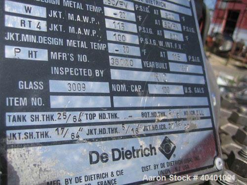 Unused- De Dietrich clamp top glass lined reactor, 100 gallon, 3009 glass, vertical. Internal rated 150 psi/fv at 500 deg F, jacket rated 115 psi at 500 deg F, or 100 psi with internal vacuum. Lenze ...