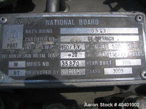 Unused- De Dietrich clamp top glass lined reactor, 50 gallon, 3009 glass, vertical. Internal rated 150 psi/fv at 500 deg F, jacket rated 125 psi at 500 deg F, or 110 psi with internal vacuum.  1.5 hp...