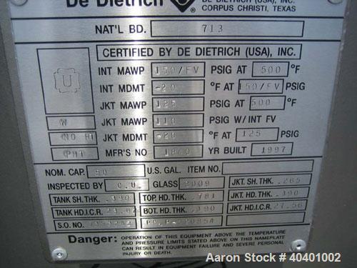 Unused- De Dietrich clamp top glass lined reactor, 50 gallon, 3009 glass, vertical. Internal rated 150 psi/fv at 500 deg F, jacket rated 125 psi at 500 deg F, or 110 psi with internal vacuum.  1.5 hp...