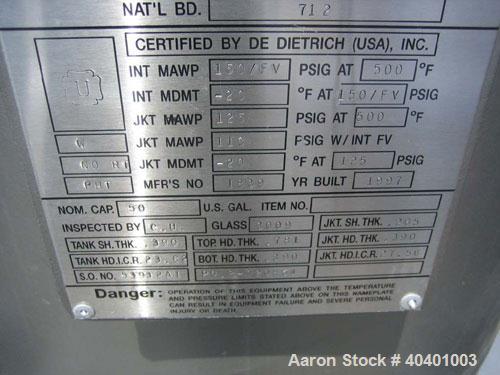 Unused- De Dietrich clamp top glass lined reactor, 50 gallon, 3009 glass, vertical. Internal rated 150 psi/fv at 500 deg F, jacket rated 125 psi at 500 deg F, or 110 psi with internal vacuum. 1.5 hp,...
