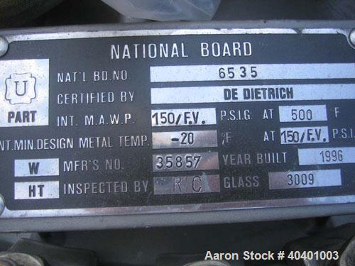 Unused- De Dietrich clamp top glass lined reactor, 50 gallon, 3009 glass, vertical. Internal rated 150 psi/fv at 500 deg F, jacket rated 125 psi at 500 deg F, or 110 psi with internal vacuum. 1.5 hp,...