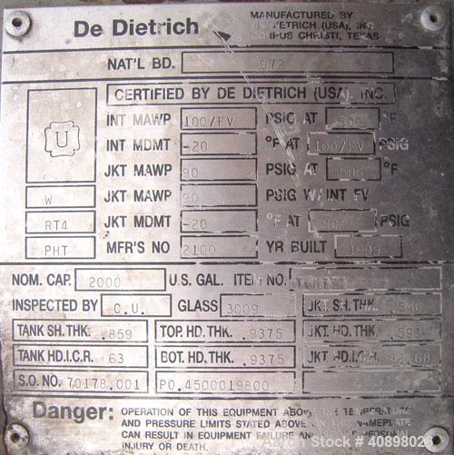 Used Dedietrich Glass Lined Reactor, 2000 Gallon. 3009 white glass with calibration lines. Internal rated 100 psi/fv at 500 deg F, jacket rated 90 psi at 500 deg F. Dedietrich/Lightnin drive model 62...