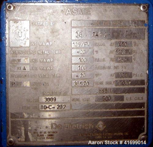 Used Dedietrich Glass Lined Reactor, 500 gallon, 3009 glass, vertical. Internal rated 125 psi/FV at 450 deg F, jacket rated 100 psi at 450 deg F. Dedietrich drive, model 2F88-K5TC, 3 blade retreat cu...
