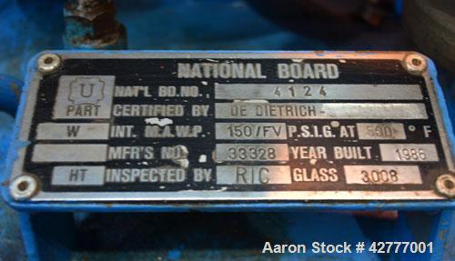 Used DeDietrich Clamp Top Glass Lined Reactor, 30 Gallon, 9115 Blue Glass. Vertical. Approximately 19-1/2’’ diameter x 24’’ straight side, dished bolt on top, dish bottom. Internal rated 150/FV psi a...