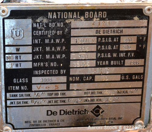 Used De Dietrich Clamp Top Glass Lined Reactor, 30 Gallon, 9115 Blue Glass. Vertical. Approximately 19-1/2 diameter x 24 straight side, dished bolt on top, dish bottom. Internal rated 150/FV psi at 5...
