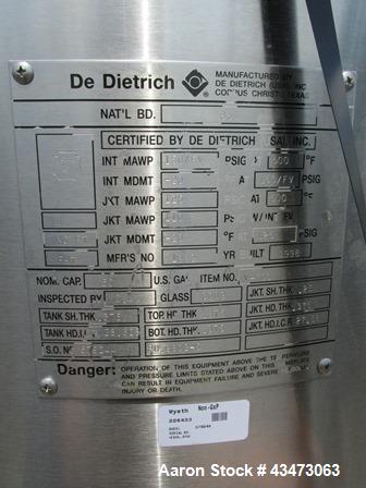 Used 100 Gallon Glass Lined Dedietrich Reactor
