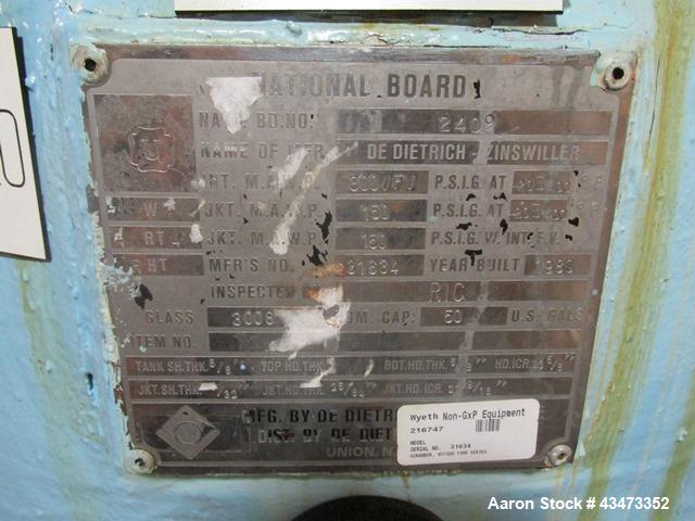 Used De Dietrich Glass Lined Reactor, 50 Gallon, 3008 Glass. Internal rated 300 psi & Full Vacuum at 400 degrees F. Jacket rated 150 psi at 400 degrees F. 2hp Lenz agitator drive with mechanical seal...