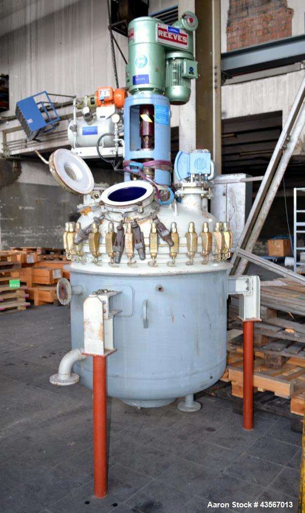 Used De Dietrich Glass Lined Reactor, 700 Liter (184.97 Gallon), 3008 Blue Glass, Vertical. Approximately 38" diameter x 32" straight side. Dished clamp on top, dished bottom. Internal rated -1/6 bar...