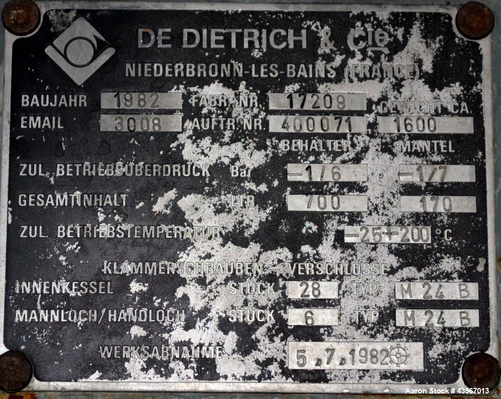 Used De Dietrich Glass Lined Reactor, 700 Liter (184.97 Gallon), 3008 Blue Glass, Vertical. Approximately 38" diameter x 32" straight side. Dished clamp on top, dished bottom. Internal rated -1/6 bar...