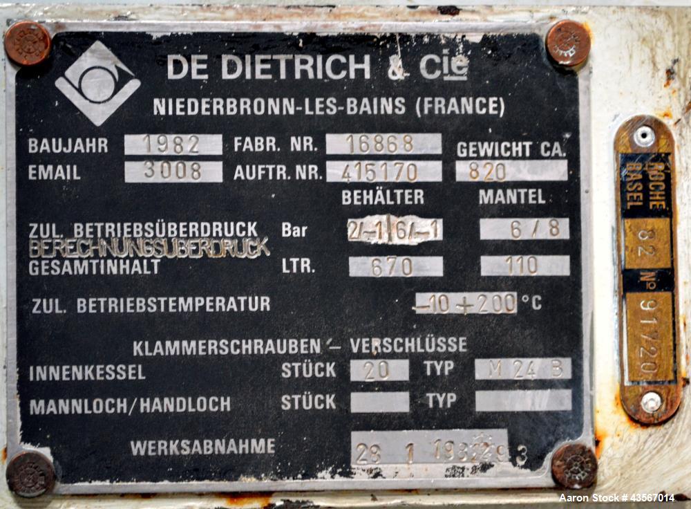 Used- De Dietrich Glass Lined Reactor, 670 Liter (177 Gallon)