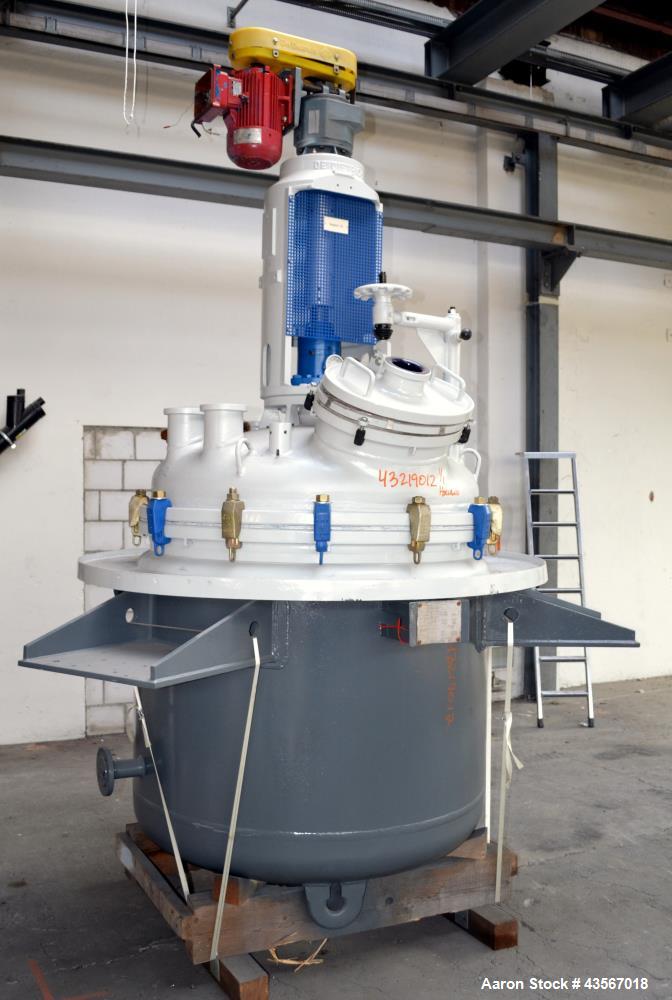 Used De Dietrich Glass Lined Reactor, 1180 Liter (311.81 Gallon), 3009 Blue Glass, Vertical. Approximately 48" diameter x 40" straight side. Dished clamp on top, dished bottom. Internal rated -1/6 ba...