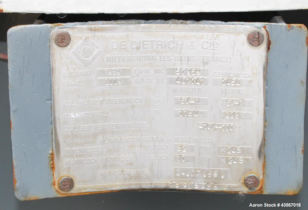 Used De Dietrich Glass Lined Reactor, 1180 Liter (311.81 Gallon), 3009 Blue Glass, Vertical. Approximately 48" diameter x 40" straight side. Dished clamp on top, dished bottom. Internal rated -1/6 ba...
