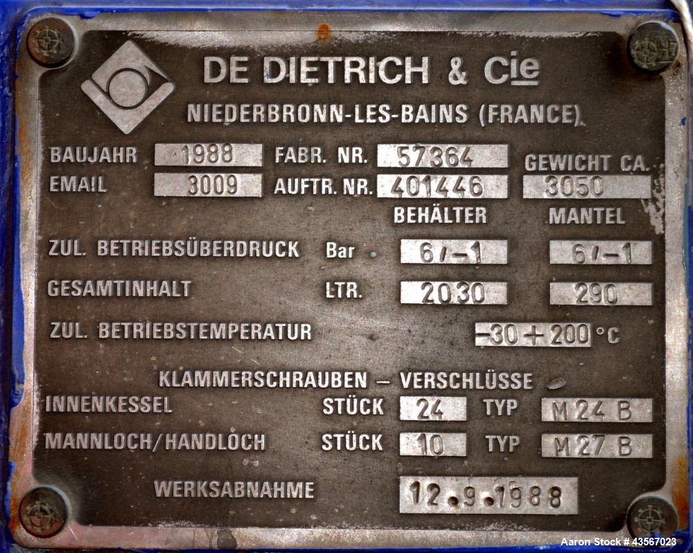 Used- De Dietrich Glass Lined Reactor, 2030 Liter (536.43 Gallon)