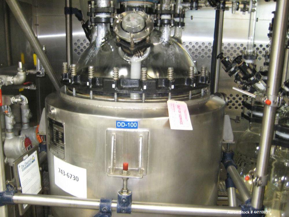 Used DeDietrich Glass Lined Reactor, 20 Gallon. Internal rated Atmospheric & Full Vacuum at 302 degrees F, jacket rated 145 psi & Full Vacuum at 500 degrees F.  Type 3009 Blue Glass.  Skid mounted. B...