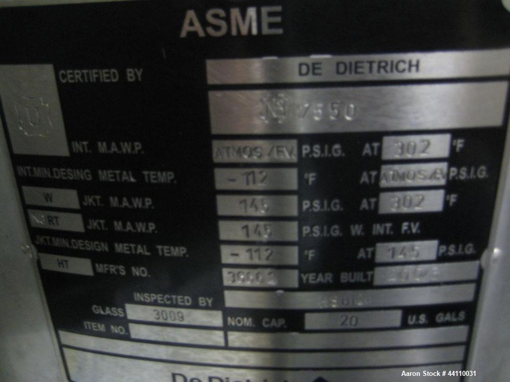 Used DeDietrich Glass Lined Reactor, 20 Gallon. Internal rated Atmospheric & Full Vacuum at 302 degrees F, jacket rated 145 psi & Full Vacuum at 500 degrees F.  Type 3009 Blue Glass.  Skid mounted. B...