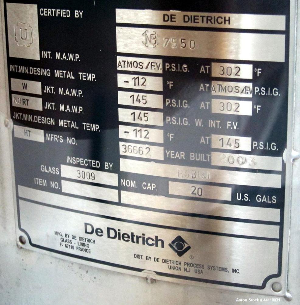 Used DeDietrich Glass Lined Reactor, 20 Gallon. Internal rated Atmospheric & Full Vacuum at 302 degrees F, jacket rated 145 psi & Full Vacuum at 500 degrees F.  Type 3009 Blue Glass.  Skid mounted. B...
