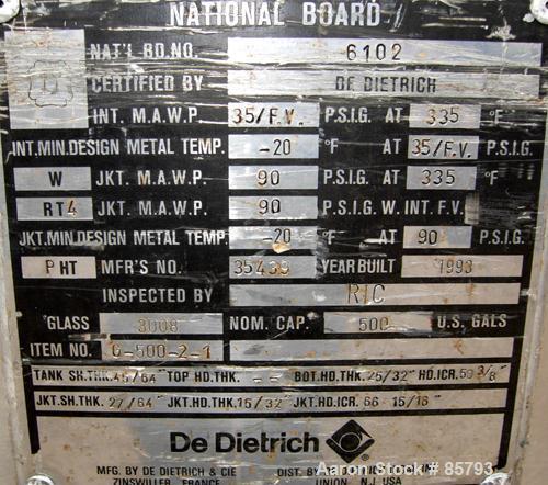 Used De Dietrich Glass Lined Reactor, 500 Gallon, 3008 Glass, Vertical. Approximately 62" diameter x 54" straight side, bolt-on dished top, dish bottom. Internal rated 35 PSI/FV at 335 Degrees F, car...