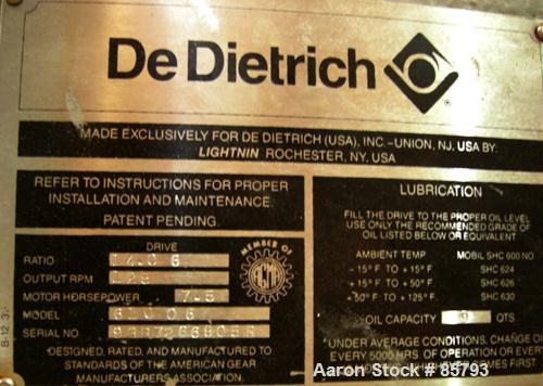 Used De Dietrich Glass Lined Reactor, 500 Gallon, 3008 Glass, Vertical. Approximately 62" diameter x 54" straight side, bolt-on dished top, dish bottom. Internal rated 35 PSI/FV at 335 Degrees F, car...
