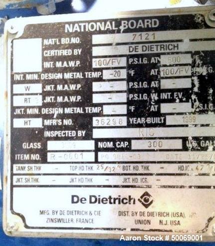 Used De Dietrich FTJ Bolt Top Glass Lined Reactor, 300 Gallon