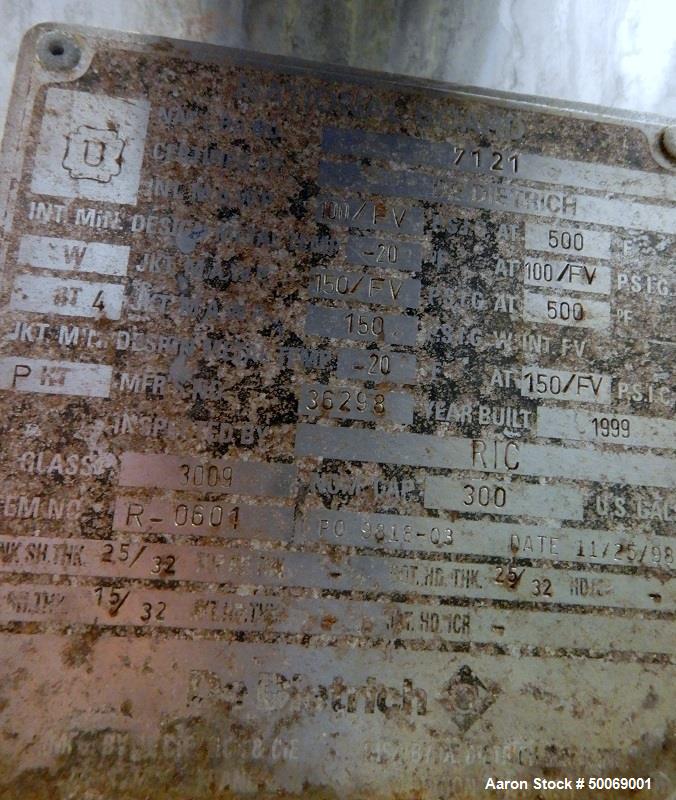 Used De Dietrich FTJ Bolt Top Glass Lined Reactor, 300 Gallon