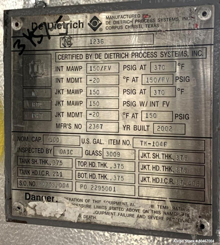 Used Dedietrich Glass Lined Reactor, 100 Gallon