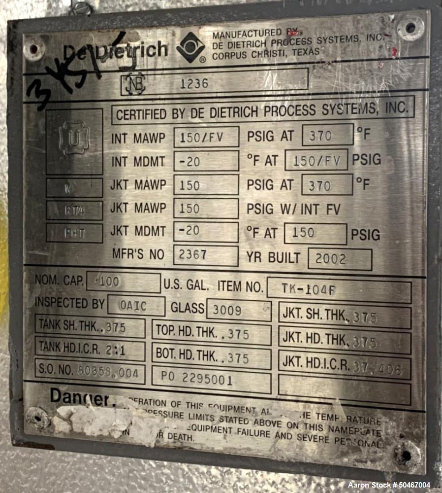 Used- Dedietrich Glass Lined Reactor, 100 Gallon