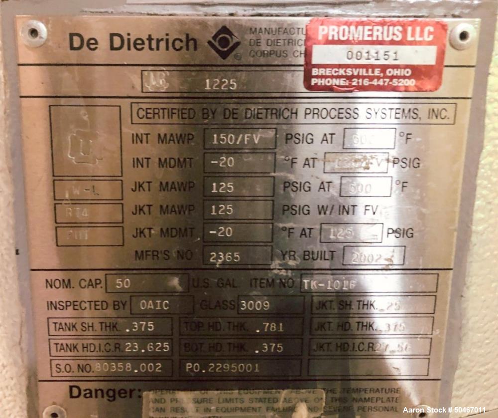 Used Dedietrich Glass Lined Reactor, 50 Gallon.