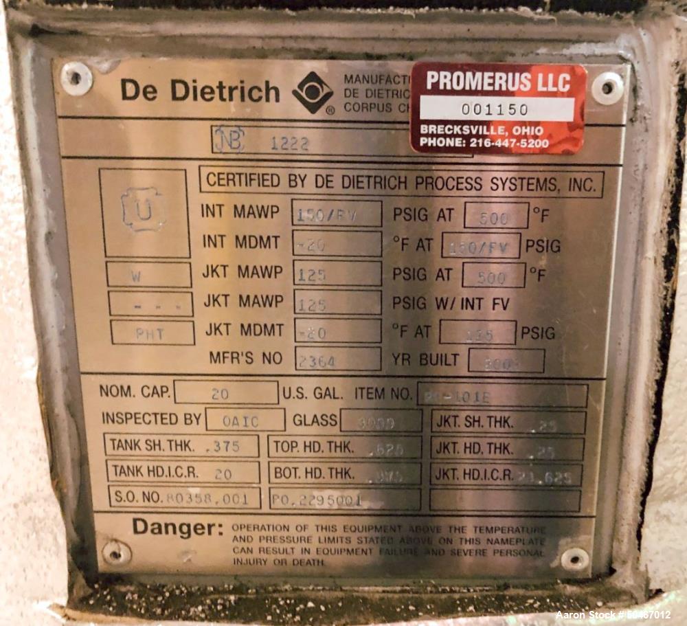 Used 20 Gallon Dedietrich glass lined reactor