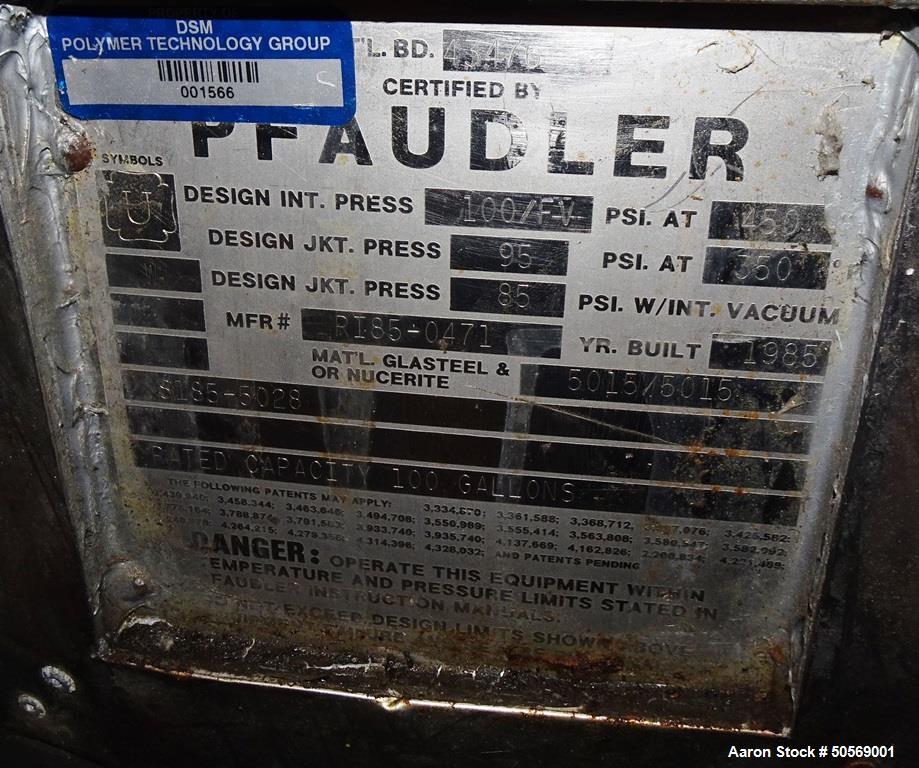 Used Pfaudler Glass-Lined Reactor,100 Gallon