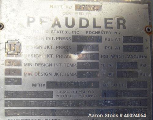 Used: Pfaudler K series glass lined reactor, 500 gallon, 9129 white glass, model KC-48-500-100.48" diameter x 58" straight side, dished top and bottom. Internal rated 100 psi/fv at 450 deg.f. or 85/f...