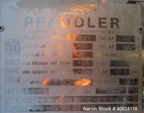 Used Pfaudler K Series Glass Lined Reactor, 2500 gallon, 9129 white glass, model KC-84-2500-100-90. 84" diameter x 94" straight side, dished top and bottom. Internal rated 100 psi/fv at -20 to 450 de...
