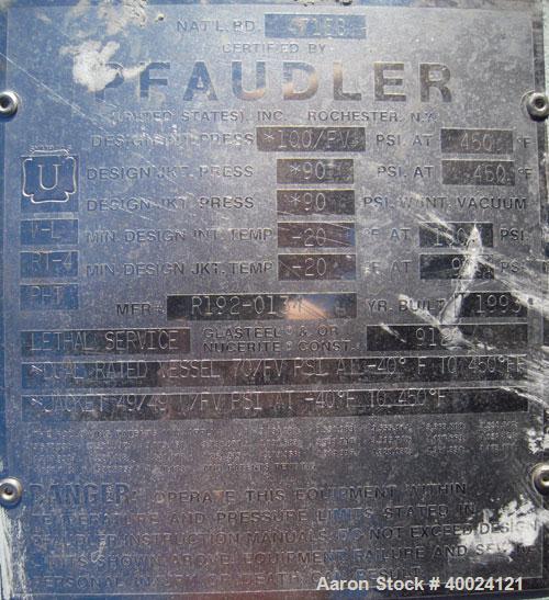 Used Pfaudler K Series Glass Lined Reactor, 2500 gallon, 9129 white glass, model KC-84-2500-100-90. 84" diameter x 94" straight side, dished top and bottom. Internal rated 100 psi/fv at -20 to 450 de...