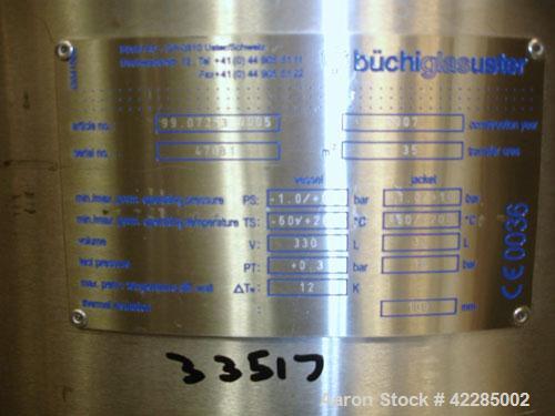 Used Buchi Reactor Train consisting of: (1) Buchi 250 liter glass reactor, 600mm diameter x 400mm straight side, removable dish top, dish bottom. Internal rated 4 psig and full vacuum at +200/-90 deg...
