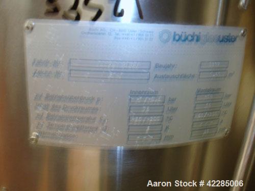 Used Buchi Reactor Train consisting of: (1) Buchi 70 liter glass reactor, removable dish top, dish bottom. Internal rated -1/+0.5 bar (-14.5/7.2 psig) +200/-50 deg C, jacket rated 10 bar (145 psig) a...