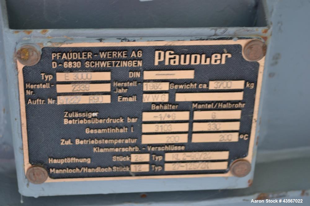 Used Pfaudler Type E3000 Glass Lined Reactor, 3000 Liter (792.75 Gallon)