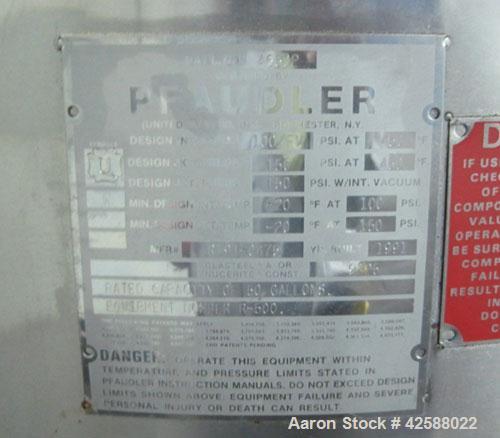 Used Pfaudler Glass Lined Reactor, 50 gallon, model E32-50-100-150. 32'' Diameter x 12'' straight side. 2:1 Elliptical bolt on head, 2:1 elliptical bottom. Internal rated 100 psi/FV at -20 to 450 deg...