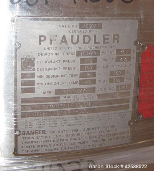 Used Pfaudler Glass Lined Reactor, 50 gallon, model E32-50-100-150. 32'' Diameter x 12'' straight side. 2:1 Elliptical bolt on head, 2:1 elliptical bottom. Internal rated 100 psi/FV at -20 to 450 deg...