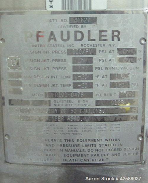 Used Pfaudler Glass Lined Reactor, 50 gallon, model E32-50-100-150. 32'' Diameter x 12'' straight side. 2:1 Elliptical bolt on head, 2:1 elliptical bottom. Internal rated 100 psi/FV at -20 to 450 deg...